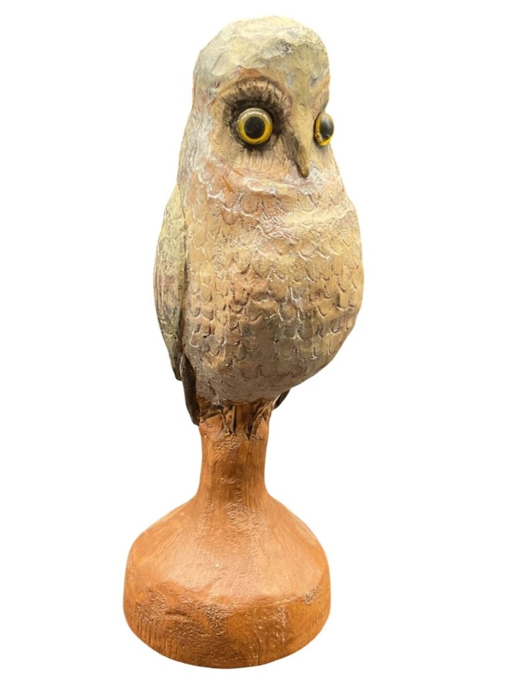 Hand-Carved Vintage Owl Figurine With Detailed Features And Yellow Eyes 7"H